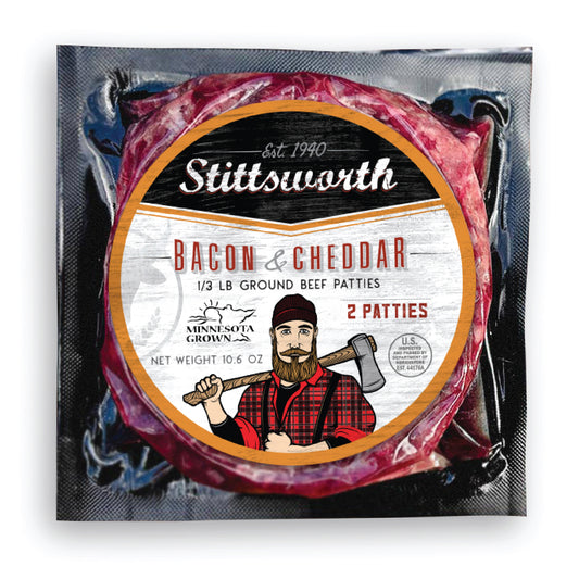 Stittsworth Meats 1/3lb Bacon & Cheddar Ground Beef Patties - ( 2 PACK ) - Minnesota Grown - Ground from whole muscle meat