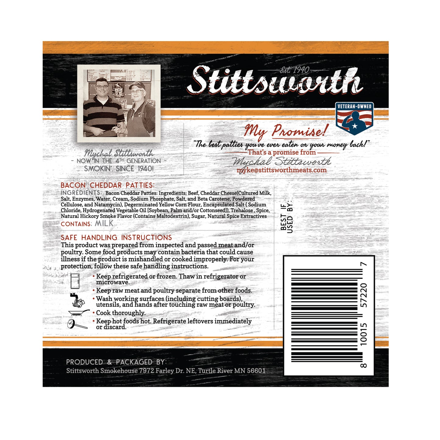 Stittsworth Meats 1/3lb Bacon & Cheddar Ground Beef Patties - ( 2 PACK ) - Minnesota Grown - Ground from whole muscle meat