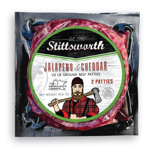 Stittsworth Meats 1/3lb Jalapeno & Cheddar Ground Beef Patties - ( 2 PACK ) Minnesota Grown - Ground from whole muscle meat